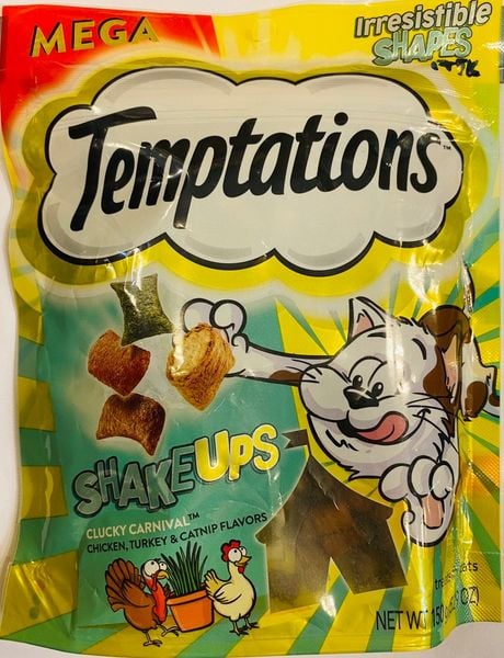 TEMPTATIONS Bánh Thưởng Vị Gà,GàTây&Catnip-ShakeUp Chicken,Turkey&Catnip 150g