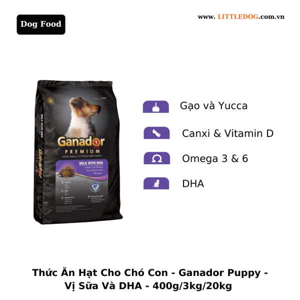 Thức Ăn Hạt Cho Chó Con - Ganador - Vị Sữa & DHA - 400g/3kg/20kg