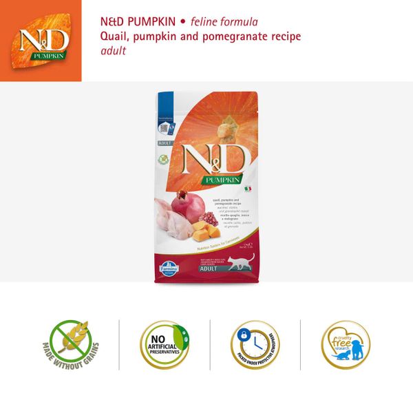 Hạt Cho Mèo Trưởng Thành N&D Pumpkin – Không Ngũ Cốc – Vị Chim Cút & Lựu / Vịt & Dưa Lưới