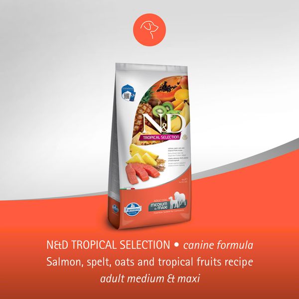 HẠT CHO CHÓ TRƯỞNG THÀNH FARMINA N&D TROPICAL SELECTION – GÀ / CÁ HỒI & TRÁI CÂY NHIỆT ĐỚI (DÒNG MEDIUM/MAXI)