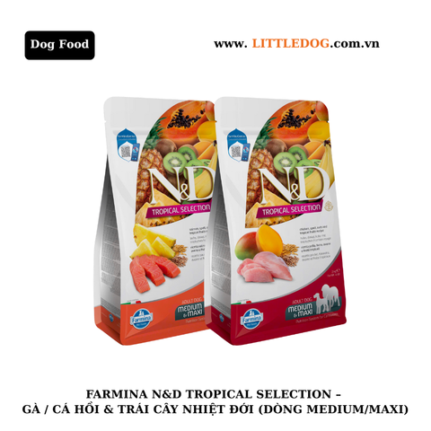 HẠT CHO CHÓ TRƯỞNG THÀNH FARMINA N&D TROPICAL SELECTION – GÀ / CÁ HỒI & TRÁI CÂY NHIỆT ĐỚI (DÒNG MEDIUM/MAXI)