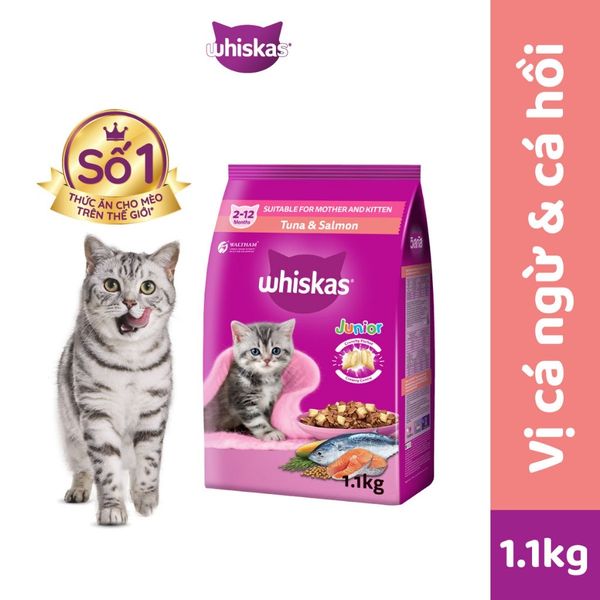 Thức ăn hạt khô Whiskas cho Mèo con 1.1kg (Cá thu/Cá biển/Cá ngừ&cá hồi)
