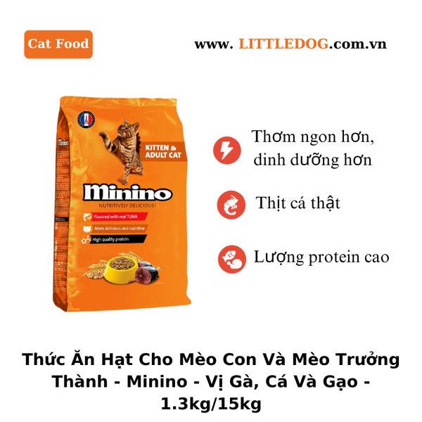 Thức Ăn Hạt Cho Mèo Con Và Mèo Trưởng Thành Minino - Vị Cá Ngừ Và Thịt Gà - 1.3kg/15.6kg
