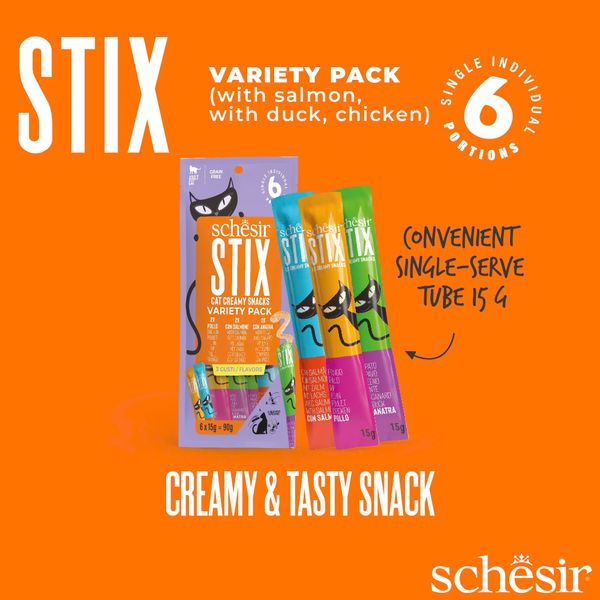 Que Súp Thưởng Mèo Schesir Stix – Thưởng Mềm Dạng Kem Dành Cho Mèo (6x15g)