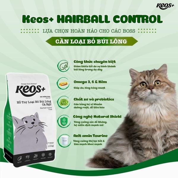 Keos- Thức ăn mèo hỗ trợ loại bỏ búi lông vị cá ngừ(1.5kg/7kg)