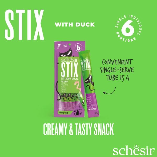 Que Súp Thưởng Mèo Schesir Stix – Thưởng Mềm Dạng Kem Dành Cho Mèo (6x15g)