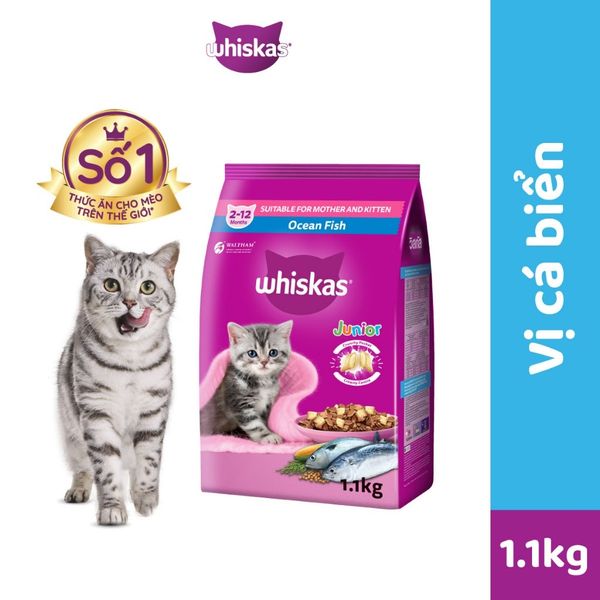 Thức ăn hạt khô Whiskas cho Mèo con 1.1kg (Cá thu/Cá biển/Cá ngừ&cá hồi)