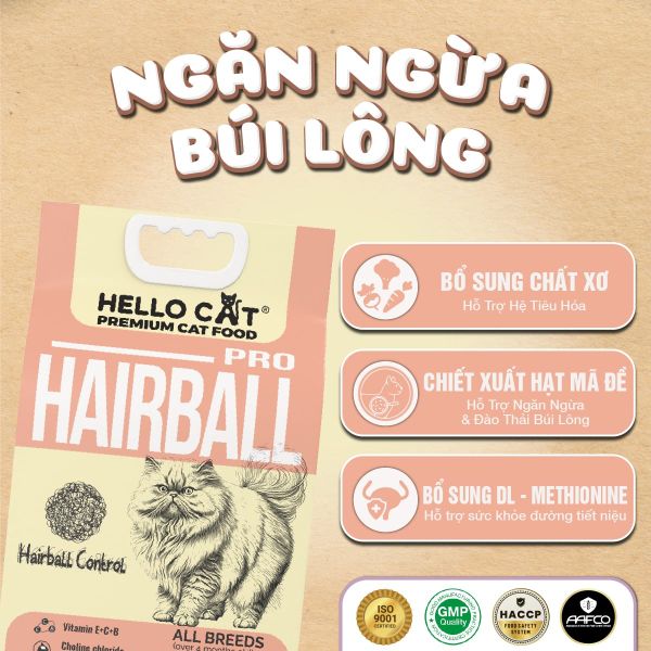 THỨC ĂN HẠT CHO MÈO HELLO CAT HAIRBALL – HỖ TRỢ NGĂN NGỪA & ĐÀO THẢI BÚI LÔNG - 5KG