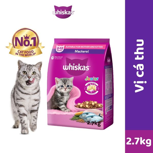 Thức ăn hạt khô Whiskas cho Mèo con 2.7kg (Cá thu/Cá biển/Cá ngừ&cá hồi)