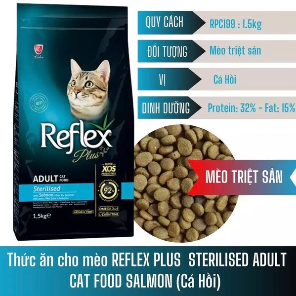 Reflex - Thức ăn khô cho Mèo trưởng thành Triệt sản 1.5kg (Vị cá hồi/Vị gà)