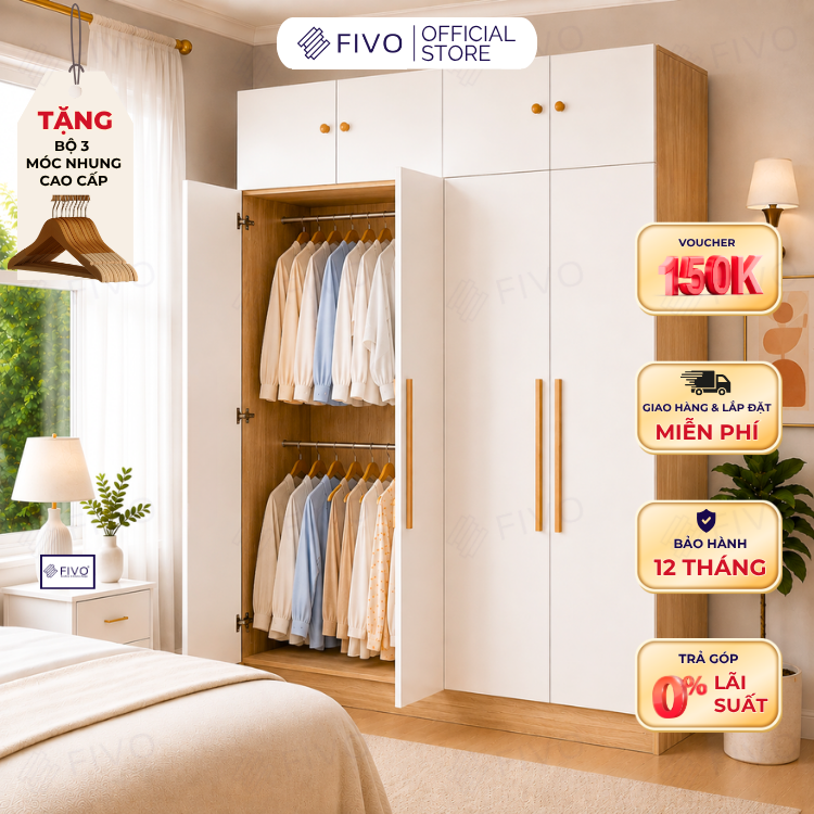 Tủ Đựng Quần Áo Gỗ Cao Cấp Đa Năng FC01 FIVO, Dày 17MM Với Độ Sâu 60cm, Freeship + Free lắp đặt, Trả Góp 0%