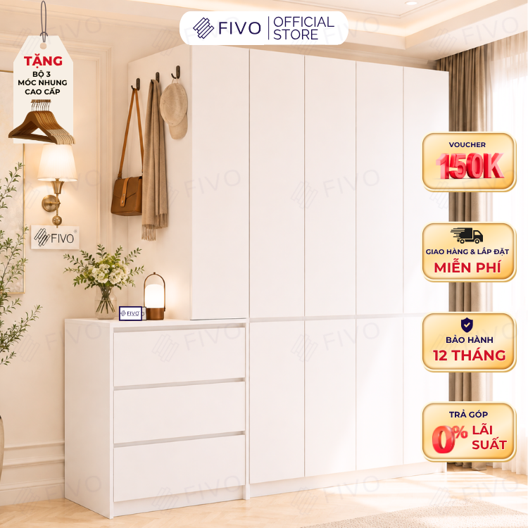 Tủ Quần Áo Gỗ Cửa Mở Cao Cấp FC11 FIVO, Sâu 60cm Kèm Hệ Tủ Ngăn Kéo, Freeship+Free lắp đặt, Trả Góp 0%