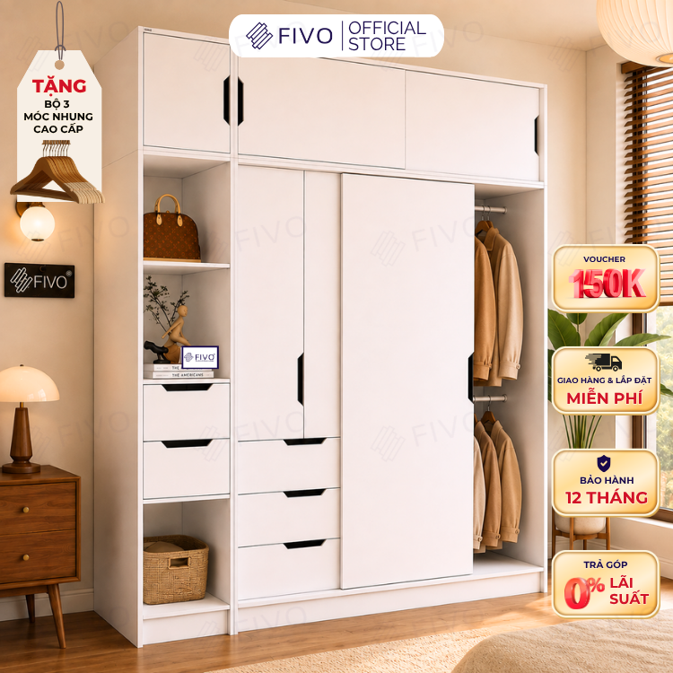 Tủ Gỗ Quần Áo Cửa Lùa Cao Cấp FC33 FIVO, Gỗ Dày 17mm, Kèm Hệ Kệ Trang Trí Sâu 60cm, Freeship+Free lắp đặt, Trả Góp 0%