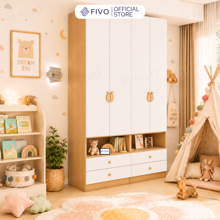 Tủ Gỗ Đựng Quần Áo Trẻ Em Cao Cấp FC03 FIVO, Tủ Sâu 60cm, Thiết Kế Hình Ngôi Nhà Độc Đáo, Freeship+Free lắp đặt, Trả Góp