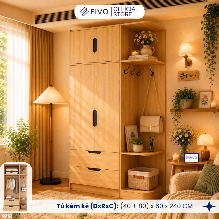 Tủ Đựng Quần Áo Gỗ Cao Cấp FC07 FIVO, Dày 17MM Cánh Mở Sâu 60cm Kèm Kệ Trang Trí, Freeship+Free lắp đặt, Trả Góp 0