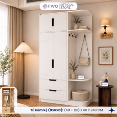 Tủ Đựng Quần Áo Gỗ Cao Cấp FC07 FIVO, Dày 17MM Cánh Mở Sâu 60cm Kèm Kệ Trang Trí, Freeship+Free lắp đặt, Trả Góp 0
