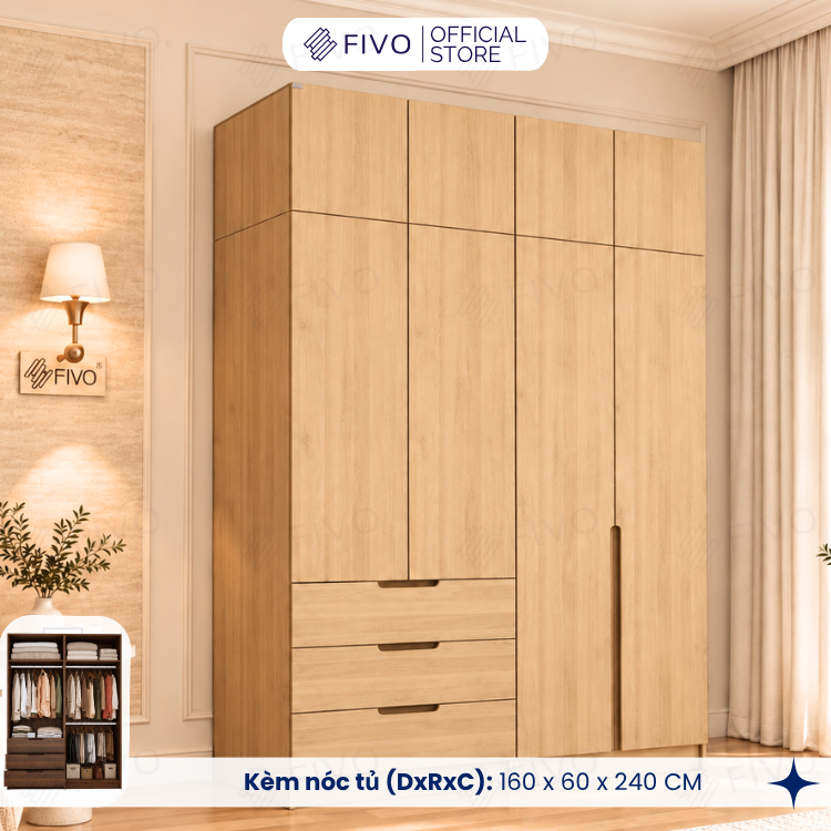Tủ Đựng Quần Áo Gỗ Cao Cấp FC09 FIVO, Thiết Kế Cánh Mở Sâu 60cm, Kèm Ngăn Kéo, Freeship+Free Lắp Đặt, Trả Góp 0%