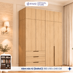 Tủ Đựng Quần Áo Gỗ Cao Cấp FC09 FIVO, Thiết Kế Cánh Mở Sâu 60cm, Kèm Ngăn Kéo, Freeship+Free Lắp Đặt, Trả Góp 0%