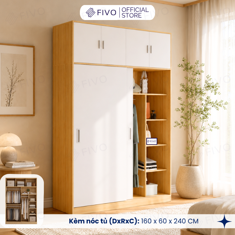 Tủ Áo Quần Cửa Trượt FIVO FC31 Gỗ Chống Ẩm, Màu Walnut Ấm Cúng Cho Phòng Ngủ, Trả Góp 0%, Freeship + Free lắp đặt