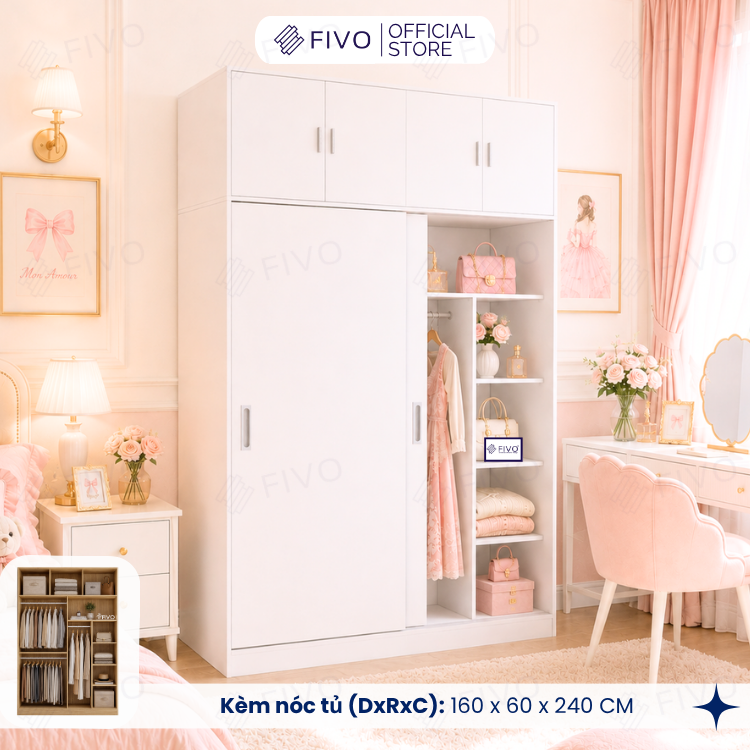 Tủ Áo Quần Cửa Trượt FIVO FC31 Gỗ Chống Ẩm, Màu Walnut Ấm Cúng Cho Phòng Ngủ, Trả Góp 0%, Freeship + Free lắp đặt