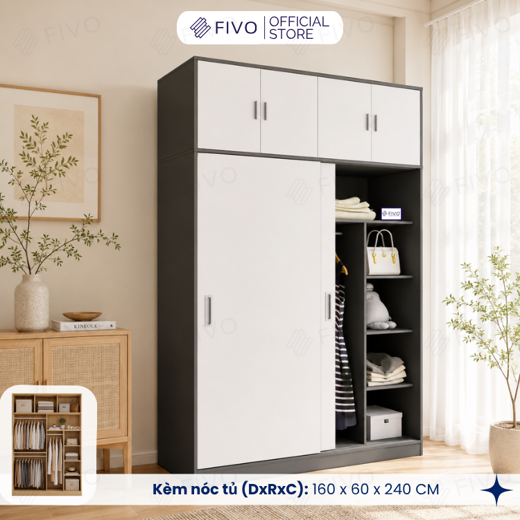 Tủ Áo Quần Cửa Trượt FIVO FC31 Gỗ Chống Ẩm, Màu Walnut Ấm Cúng Cho Phòng Ngủ, Trả Góp 0%, Freeship + Free lắp đặt