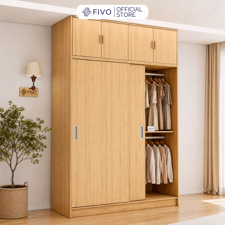 Tủ Quần Áo Gỗ Cửa Lùa Cao Cấp FC34 FIVO, Gỗ Dày 17mm Độ Sâu 60cm, Kèm Hệ Kệ Trang Trí, Freeship+Free lắp đặt, Trả Góp 0%