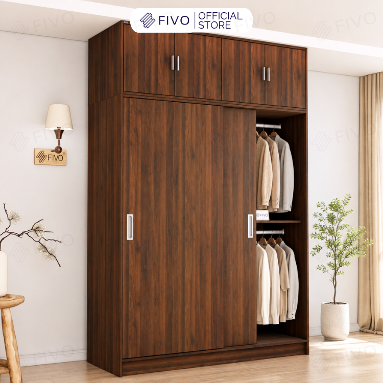 Tủ Quần Áo Gỗ Cửa Lùa Cao Cấp FC34 FIVO, Gỗ Dày 17mm Độ Sâu 60cm, Kèm Hệ Kệ Trang Trí, Freeship+Free lắp đặt, Trả Góp 0%