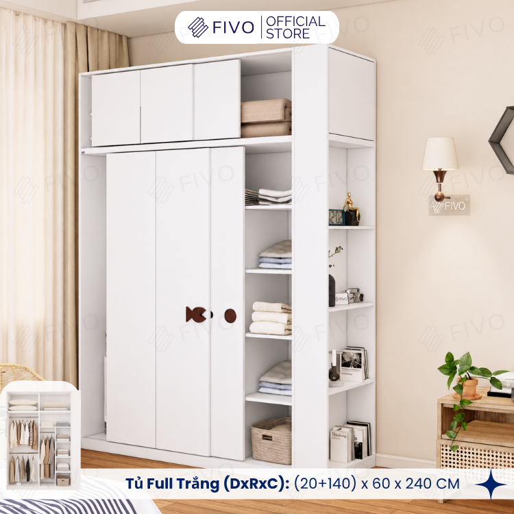 Tủ Quần Áo Gỗ Cửa Lùa FC36 FIVO, Gỗ Dày 17mm Sâu 60cm, Kèm Hệ Trang Trí, Freeship+Free Lắp Đặt, Trả Góp 0%