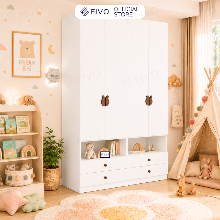 Tủ Gỗ Đựng Quần Áo Trẻ Em Cao Cấp FC03 FIVO, Tủ Sâu 60cm, Thiết Kế Hình Ngôi Nhà Độc Đáo, Freeship+Free lắp đặt, Trả Góp