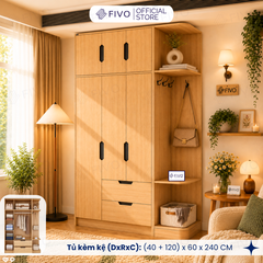 Tủ Đựng Quần Áo Gỗ Cao Cấp FC07 FIVO, Dày 17MM Cánh Mở Sâu 60cm Kèm Kệ Trang Trí, Freeship+Free lắp đặt, Trả Góp 0