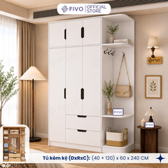 Tủ Đựng Quần Áo Gỗ Cao Cấp FC07 FIVO, Dày 17MM Cánh Mở Sâu 60cm Kèm Kệ Trang Trí, Freeship+Free lắp đặt, Trả Góp 0
