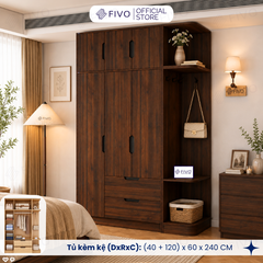 Tủ Đựng Quần Áo Gỗ Cao Cấp FC07 FIVO, Dày 17MM Cánh Mở Sâu 60cm Kèm Kệ Trang Trí, Freeship+Free lắp đặt, Trả Góp 0
