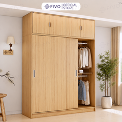 Tủ Quần Áo Gỗ Cửa Lùa Cao Cấp FC34 FIVO, Gỗ Dày 17mm Độ Sâu 60cm, Kèm Hệ Kệ Trang Trí, Freeship+Free lắp đặt, Trả Góp 0%