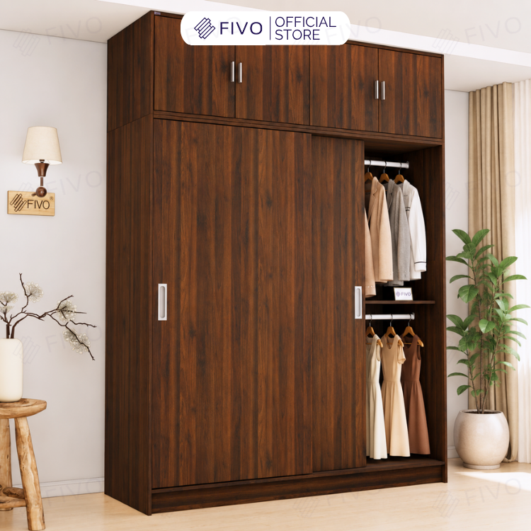 Tủ Quần Áo Gỗ Cửa Lùa Cao Cấp FC34 FIVO, Gỗ Dày 17mm Độ Sâu 60cm, Kèm Hệ Kệ Trang Trí, Freeship+Free lắp đặt, Trả Góp 0%