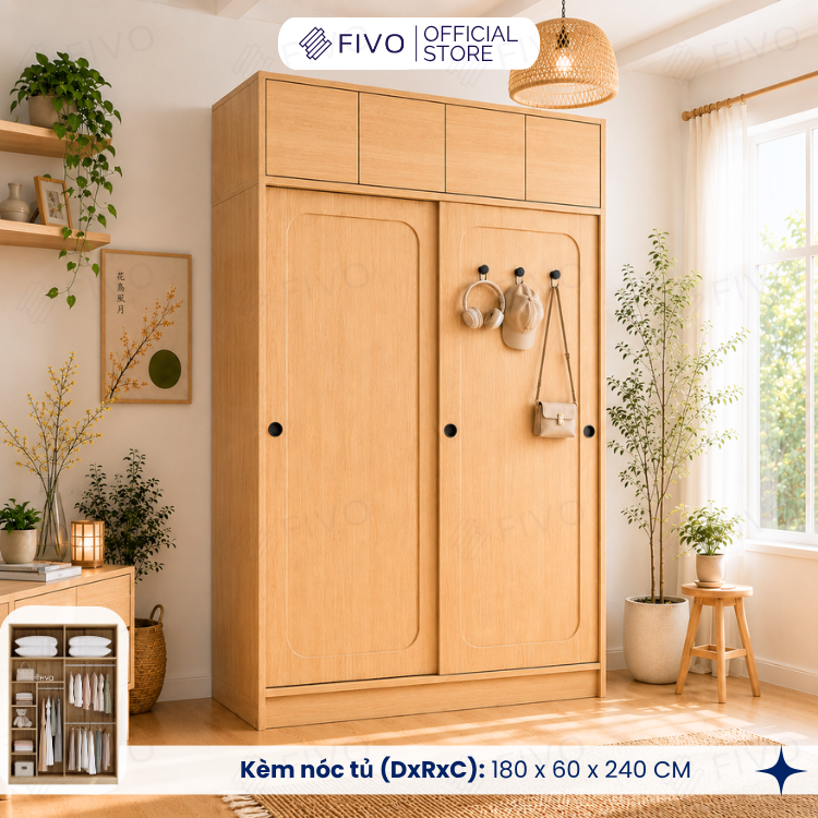 Tủ Quần Áo Gỗ Cửa Lùa Cao Cấp FC37 FIVO, Gỗ Dày 17mm Độ Sâu 60cm, Kèm Hệ Trang Trí, Freeship+Free Lắp Đặt, Trả Góp 0%
