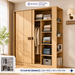 Tủ Quần Áo Gỗ Cửa Lùa FC36 FIVO, Gỗ Dày 17mm Sâu 60cm, Kèm Hệ Trang Trí, Freeship+Free Lắp Đặt, Trả Góp 0%