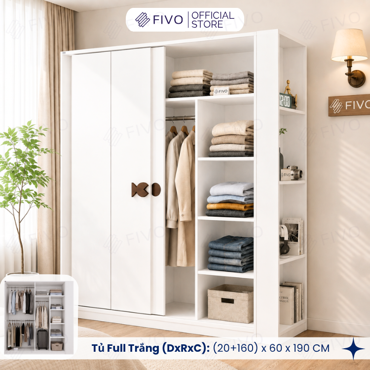 Tủ Quần Áo Gỗ Cửa Lùa FC36 FIVO, Gỗ Dày 17mm Sâu 60cm, Kèm Hệ Trang Trí, Freeship+Free Lắp Đặt, Trả Góp 0%