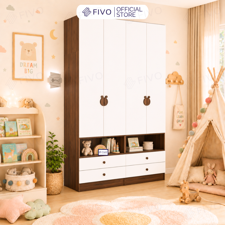 Tủ Gỗ Đựng Quần Áo Trẻ Em Cao Cấp FC03 FIVO, Tủ Sâu 60cm, Thiết Kế Hình Ngôi Nhà Độc Đáo, Freeship+Free lắp đặt, Trả Góp