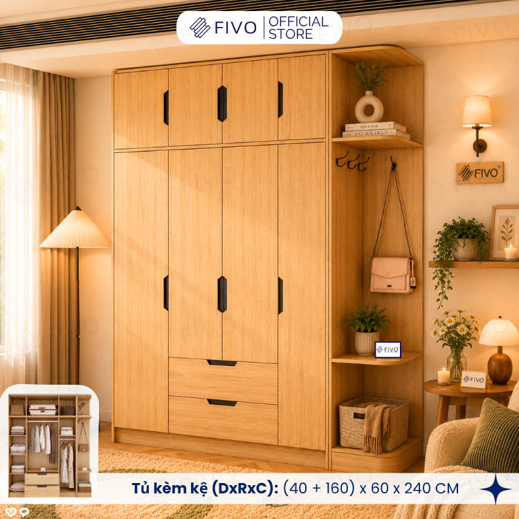 Tủ Đựng Quần Áo Gỗ Cao Cấp FC07 FIVO, Dày 17MM Cánh Mở Sâu 60cm Kèm Kệ Trang Trí, Freeship+Free lắp đặt, Trả Góp 0