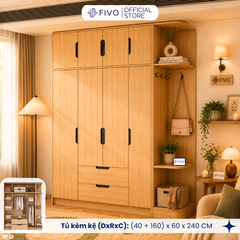 Tủ Đựng Quần Áo Gỗ Cao Cấp FC07 FIVO, Dày 17MM Cánh Mở Sâu 60cm Kèm Kệ Trang Trí, Freeship+Free lắp đặt, Trả Góp 0