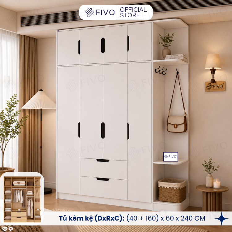 Tủ Đựng Quần Áo Gỗ Cao Cấp FC07 FIVO, Dày 17MM Cánh Mở Sâu 60cm Kèm Kệ Trang Trí, Freeship+Free lắp đặt, Trả Góp 0