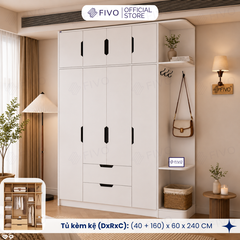 Tủ Đựng Quần Áo Gỗ Cao Cấp FC07 FIVO, Dày 17MM Cánh Mở Sâu 60cm Kèm Kệ Trang Trí, Freeship+Free lắp đặt, Trả Góp 0