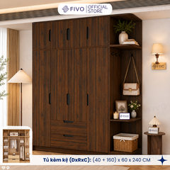 Tủ Đựng Quần Áo Gỗ Cao Cấp FC07 FIVO, Dày 17MM Cánh Mở Sâu 60cm Kèm Kệ Trang Trí, Freeship+Free lắp đặt, Trả Góp 0