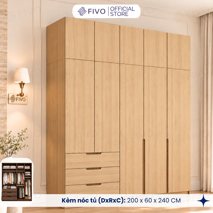 Tủ Đựng Quần Áo Gỗ Cao Cấp FC09 FIVO, Thiết Kế Cánh Mở Sâu 60cm, Kèm Ngăn Kéo, Freeship+Free Lắp Đặt, Trả Góp 0%