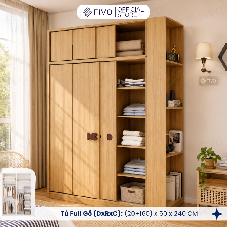 Tủ Quần Áo Gỗ Cửa Lùa FC36 FIVO, Gỗ Dày 17mm Sâu 60cm, Kèm Hệ Trang Trí, Freeship+Free Lắp Đặt, Trả Góp 0%