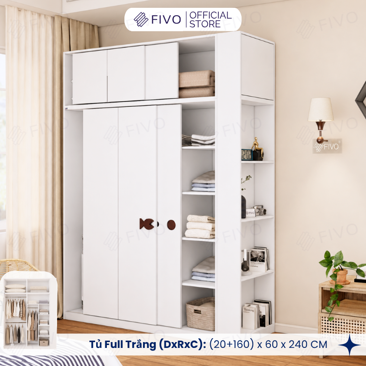 Tủ Quần Áo Gỗ Cửa Lùa FC36 FIVO, Gỗ Dày 17mm Sâu 60cm, Kèm Hệ Trang Trí, Freeship+Free Lắp Đặt, Trả Góp 0%