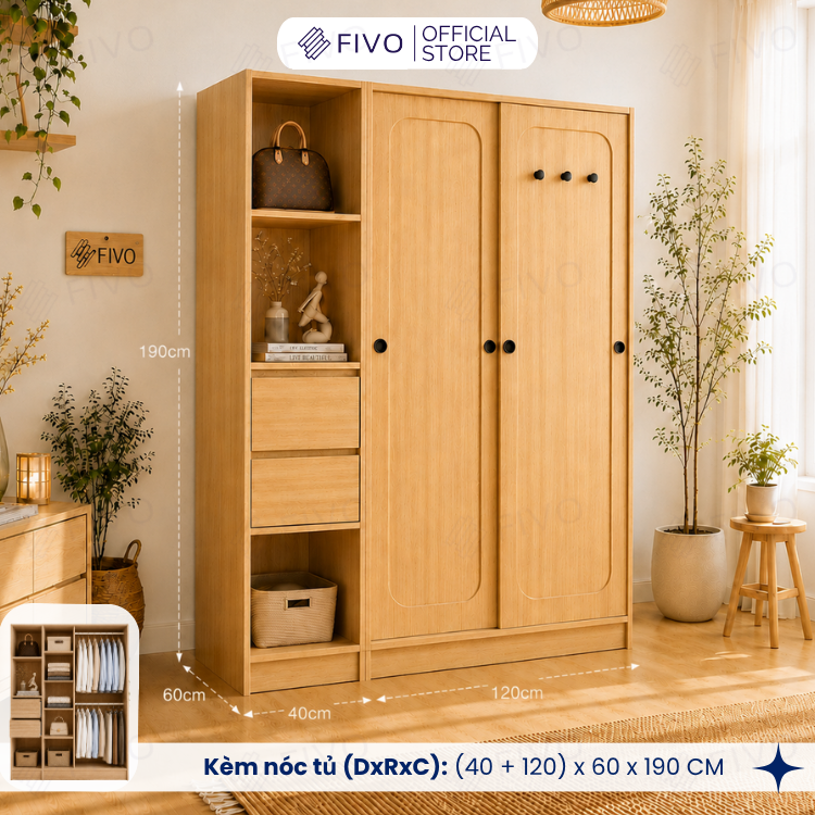 Tủ Quần Áo Gỗ Cửa Lùa Cao Cấp FC37 FIVO, Gỗ Dày 17mm Độ Sâu 60cm, Kèm Hệ Trang Trí, Freeship+Free Lắp Đặt, Trả Góp 0%