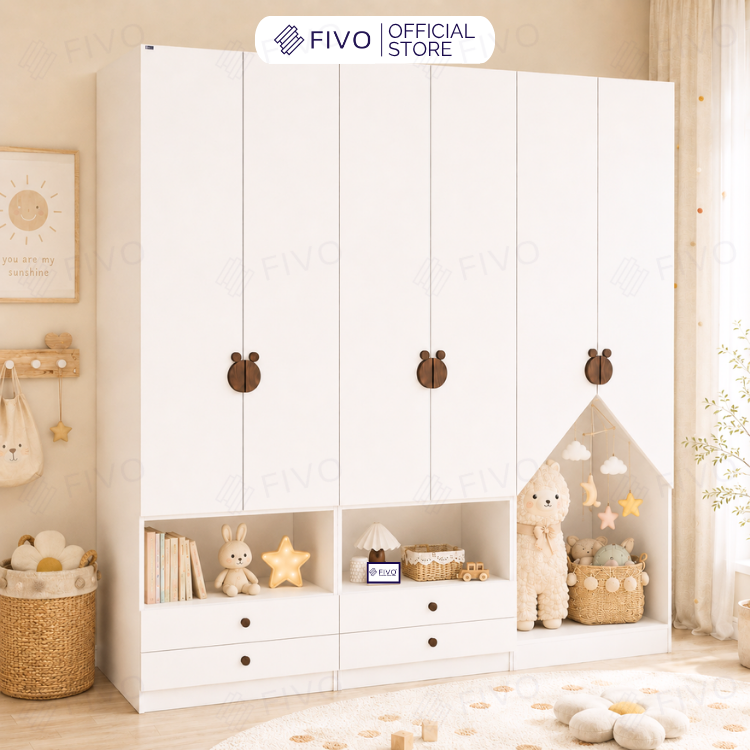 Tủ Gỗ Đựng Quần Áo Trẻ Em Cao Cấp FC03 FIVO, Tủ Sâu 60cm, Thiết Kế Hình Ngôi Nhà Độc Đáo, Freeship+Free lắp đặt, Trả Góp