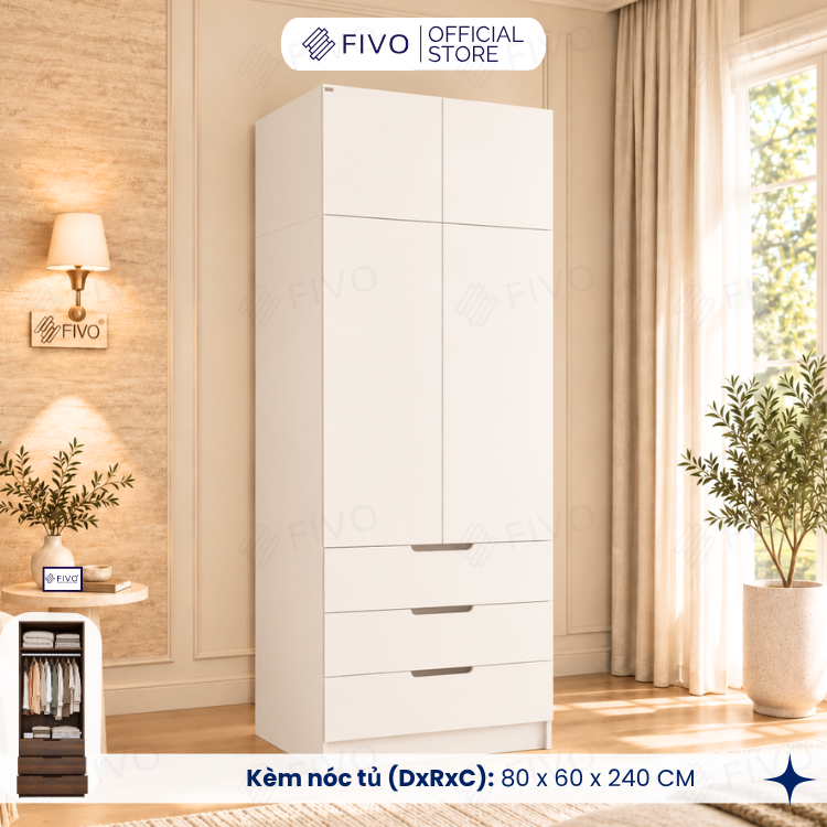 Tủ Đựng Quần Áo Gỗ Cao Cấp FC09 FIVO, Thiết Kế Cánh Mở Sâu 60cm, Kèm Ngăn Kéo, Freeship+Free Lắp Đặt, Trả Góp 0%