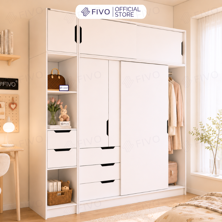 Tủ Gỗ Quần Áo Cửa Lùa Cao Cấp FC33 FIVO, Gỗ Dày 17mm, Kèm Hệ Kệ Trang Trí Sâu 60cm, Freeship+Free lắp đặt, Trả Góp 0%